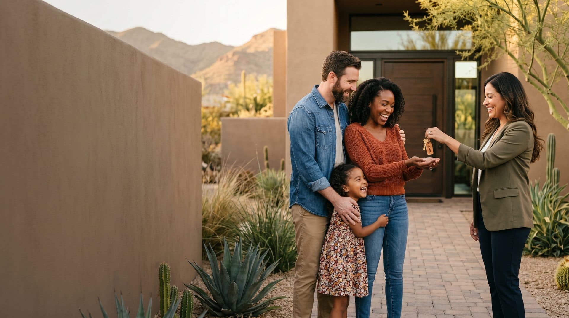 A real estate agent handing house keys to a smiling family outside their new Arizona home at golden hour